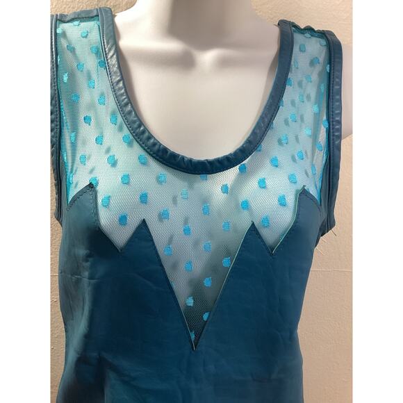 Awesome Teal Blue Cut Leather Sheer Mesh Back Rocker Vintage Sleeveless Top M - Picture 4 of 6